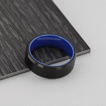 RIGEL Flat Beveled Edges Black Tungsten Ring with Brushed Center and
Vibrant Blue Ceramic Inside 8mm
