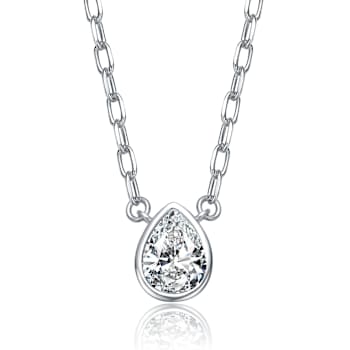 Pear Shape CZ Solitaire Pendant In White Rhodium Over Brass