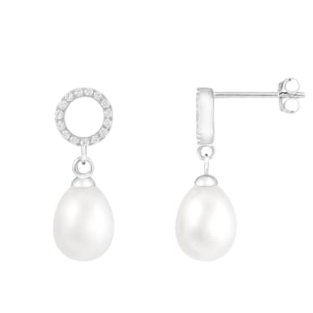 7.5-8mm White Cultured Freshwater Pearl Rhodium Over Sterling Silver Earrings