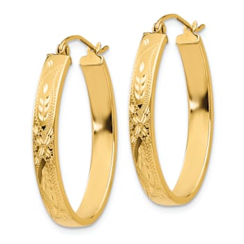 14k Yellow Gold Satin and Diamond-Cut 3/4" Oval Hoop Earrings