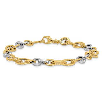 14k Yellow Gold and 14k White Gold Polished and Textured Fancy Link Bracelet
