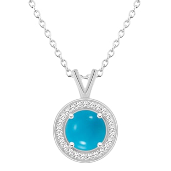 7mm Round Turquoise 1/8 ctw Diamond Rhodium Over Sterling Silver Halo
Pendant with Chain