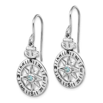 Rhodium Over Sterling Silver Polished Cubic Zirconia Compass Dangle Earrings