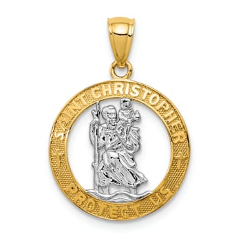 14k Yellow Gold and Rhodium Over 14k Yellow Gold Textured Saint
Christopher Pendant