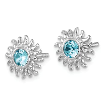 Rhodium Over Sterling Silver Polished Blue Crystal Sun Post Earrings