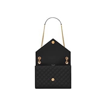 Yves Saint Laurent Envelope Medium in Quilted Grain de Poudre Embossed
Black Leather- Brass Accents