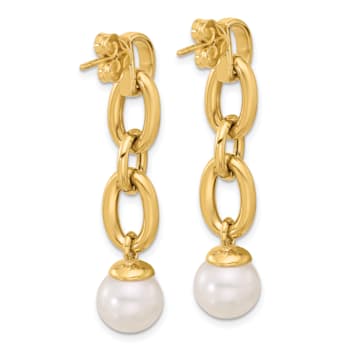 14K Yellow Gold Freshwater Cultured Pearl and Chain Post Dangle Earrings