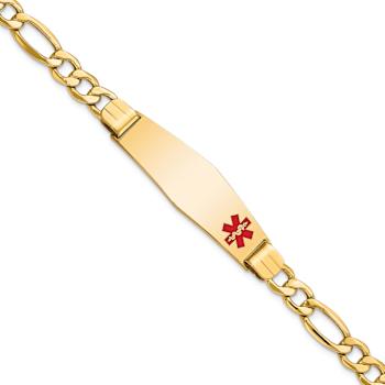 14k Yellow Gold Medical Soft Diamond Shape Red Enamel Figaro Link ID Bracelet