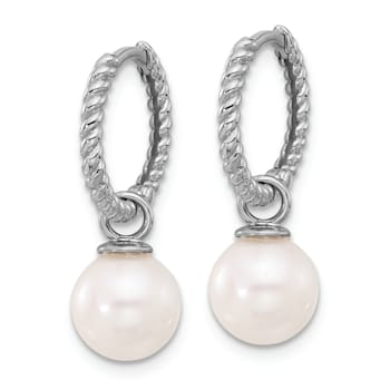 Rhodium Over 14K White Gold 7-8mm Black and White Freshwater Cultured
Pearl Dangle Hoop Earrings
