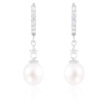 7-8mm White Cultured Freshwater Pearl and Cubic Zirconia Rhodium Over
Sterling Silver Earrings