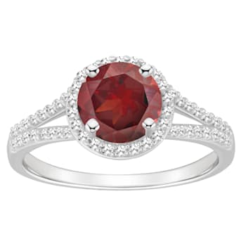 7mm Round Garnet 1/4 ctw Diamond Rhodium Over Sterling Silver Halo Ring