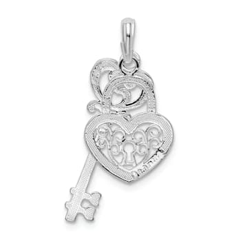 Rhodium Over Sterling Silver Polished Moveable Key with Heart Lock Pendant