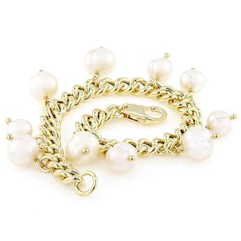 Cultured Freshwater Pearl Dangle Bracelet In 18K Gold Over Bronze 7-10mm