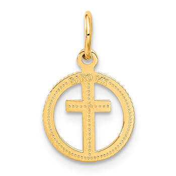 14k Yellow Gold Diamond-Cut and Satin Eternal Life Cross in Circle Pendant