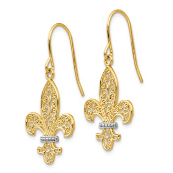 14k Yellow Gold and Rhodium Over 14k Yellow Gold Fleur-de-lis Dangle Earrings