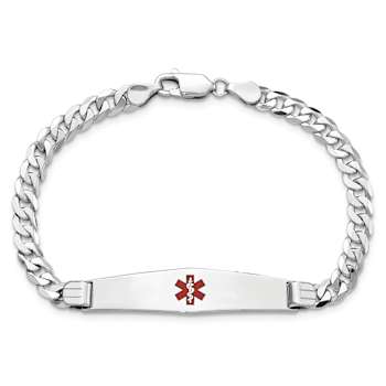 Rhodium Over 14k White Gold Medical Soft Diamond Shape Red Enamel Flat
Curb Link ID Bracelet