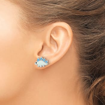 Rhodium Over Sterling Silver Enameled Dinosaur Children's Post Earrings
