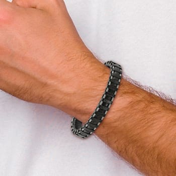 Black Leather and Stainless Steel Brushed Cable 8.5-inch Bracelet