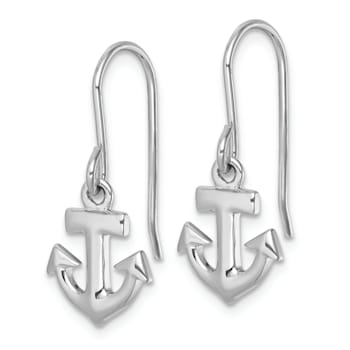 Rhodium Over Sterling Silver Polished Anchor Dangle Earrings
