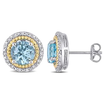 3.17ctw Sky Blue Topaz and.17ctw Diamond Halo Earrings in Yellow Plated
Sterling Silver