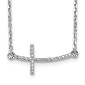 Rhodium Over 14K White Gold Sideways Curved Textured Cross Necklace