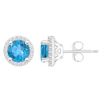 6mm Round Blue Topaz 1/5 ctw Diamond Rhodium Over Sterling Silver Halo
Stud Earrings