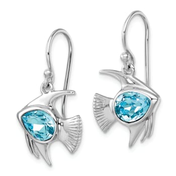 Rhodium Over Sterling Silver Polished Blue Crystal Angel Fish Dangle Earrings