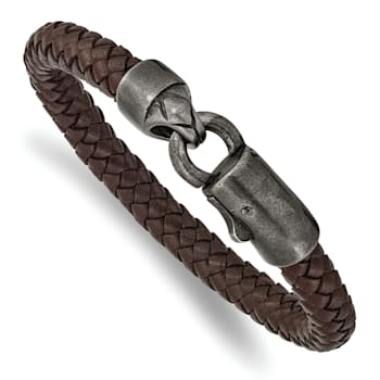 Brown Leather and Stainless Steel Antiqued Grey-plated 8.25-inch Bracelet