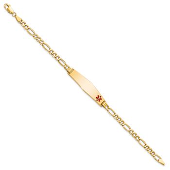 14k Yellow Gold Medical Soft Diamond Shape Red Enamel Figaro Link ID Bracelet