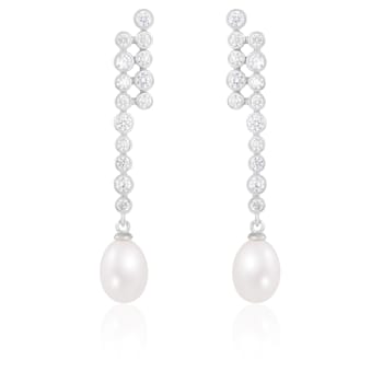 White Cultured Freshwater Pearl and Cubic Zirconia Rhodium Over Sterling
Silver 7-8mm Drop Earrings