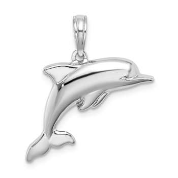 Rhodium Over 14k White Gold 3D Puffed Dolphin Pendant