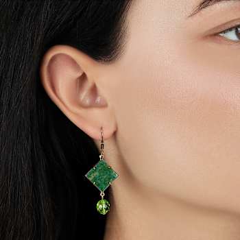 Square Semi-Precious & Round Bead Drop Earrings