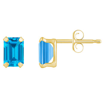 6x4mm Emerald Cut Blue Topaz 10k Yellow Gold Stud Earrings