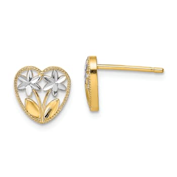 14K Yellow Gold and Rhodium Over 14K Yellow Gold Diamond-Cut Flower and
Heart Stud Earrings