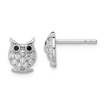 Rhodium Over Sterling Silver Black and White Cubic Zirconia Owl Post Earrings