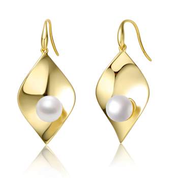 Lily Pad And Freshwater Pearl Drop Earrings In 14K Gold Over Sterling Silver