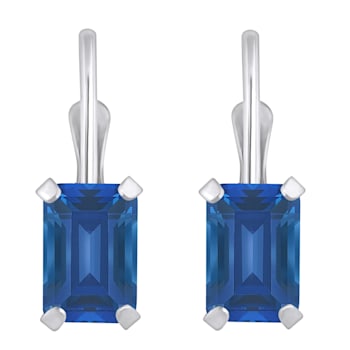 6x4mm Emerald Cut Lab Created Sapphire Rhodium Over 10k White Gold Drop Earrings