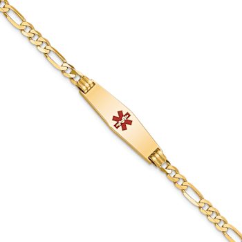 14k Yellow Gold Medical Soft Diamond Shape Red Enamel Figaro ID Bracelet