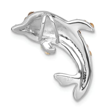 Rhodium Over Sterling Silver Polished Crystal Dolphin Chain Slide Pendant