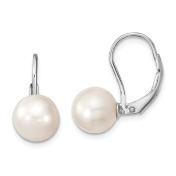 Rhodium Over Sterling Silver  8-9mm Round Freshwater Cultured Pearl
Leverback Earrings