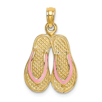 14k Yellow Gold 3D with Pink Enamel Double Flip-Flop Pendant