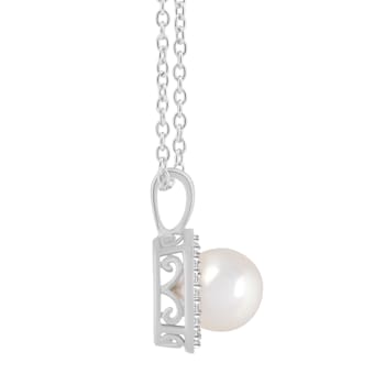 7mm Cultured Freshwater Pearl 1/8 ctw Diamond Rhodium Over Sterling
Silver Halo Pendant with Chain