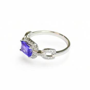 7x5mm Cushion Tanzanite and White CZ Rhodium Over Sterling Silver Ring, 0.86ctw