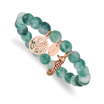 Rose Stainless Steel Antiqued and Polished Seahorse Green Dyed Jade Bracelet