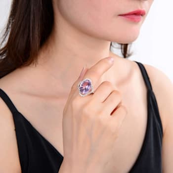 Concave Cut Oval Amethyst with White Topaz Accents Sterling Silver Ring, 8.26ctw