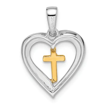14K Yellow and White Gold Heart with Cross Diamond Pendant