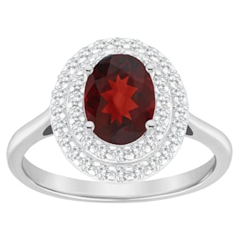 8x6mm Oval Garnet And White Topaz Accents Rhodium Over Sterling Silver
Double Halo Ring