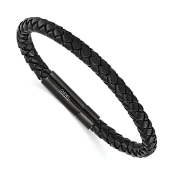 Stainless Steel Polished Black Ion Plated Black Leather 8.25-inch Bracelet