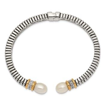 Sterling Silver with 14K Gold Over Sterling Silver Oxidized Freshwater
Cultured Pearl/Diamond Cuff