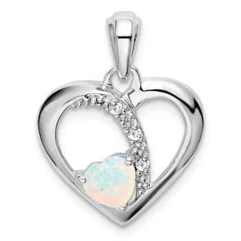 Rhodium Over 14k White Gold Lab Created Opal and Diamond Heart Pendant